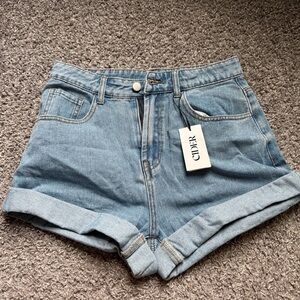 Cider Light Blue High-Rise Rolled Hem Denim Shorts